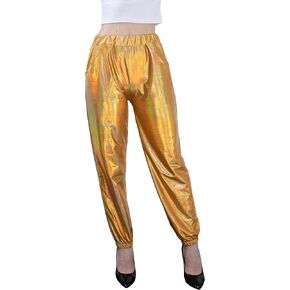 Women's Metallic Shiny Jogger Casual Holographic Color Streetwear Pants Hip Hop Fashion Smooth Elastic Trousers