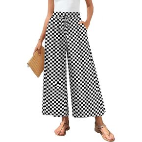 Bestbee Womens Palazzo Pants Dressy Casual Wide Leg Slacks Elastic Waist Business Flowy Pants with Pockets, L, Black and White Square