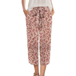 Womens Wide Leg Capri Pants Elastic High Waisted Adjustable Knot Pants Loose Casual Trousers with Pockets