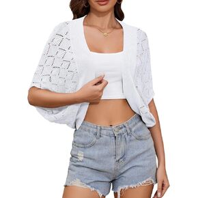 Women's Summer Lightweight Crochet Cardigan Shrug Open Front Batwing Sleeve Knit Summer Boho Cover Up