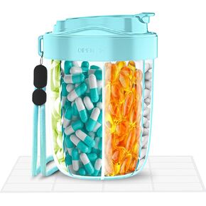 7-Compartment Pill Dispenser & Organizer - Large Supplement Organizer for Travel, Anti-Mixing Design, BPA-Free with Strap & 20 Sticky Labels(Light Blue)