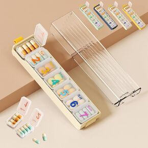 Pill Organizer 7 Day, Weekly Travel Pill Case, Daily Pill Box, Cute Pill Holder to Hold Vitamins, Medicines, Pills, Supplements Beige