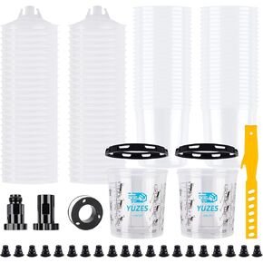 YUZES Paint Mixing Cups System 20 Ounce (600ml), 50 Spray Gun Cup Liners and Lids, 2 Hard Cup with Retainer Ring, 20 Plugs, PTFE Tape and Stirrer, Disposable Paint Cups for Spray Gun