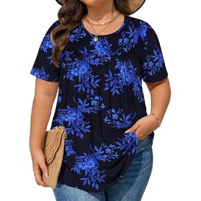 Womens Plus Size Tops Tunic Short Sleeve Round Neck Shirts Pleated Dressy Casual Soft Blouse 1X-5X