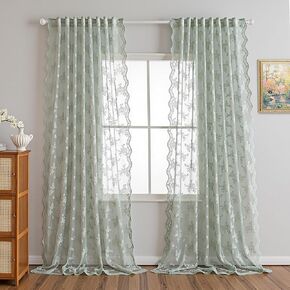 MEETSKY Lace Curtains 84 Inches Long, Sage Sheer Curtains for Living Room Bedroom Back Tab Vintage Victorian Curtain French Elegant Rod Pocket Light Filtering Drapes for Farmhouse, 50"x84", 2 Panels