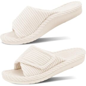 GRITHEIM Women's Orthopedic Arch Support Slippers Fuzzy Adjustable Orthotic Slippers for Plantar Fasciitis Ladies Furry Supportive Corduroy Memory Foam Open Toe Gift Slide