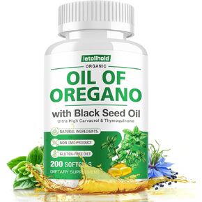 Oregano Oil Softgels with Black Seed Oil, 200 Softgel Organic Oregano Oil Capsules, High Carvacrol, Immune & Antioxidant Support