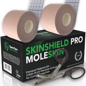 Moleskin الرياضي للوقاية من نفطة ، حزمة Skinshield Pro 2-Roll (32 قدمًا) مع مقصات الصدمة لقطع Moleskin