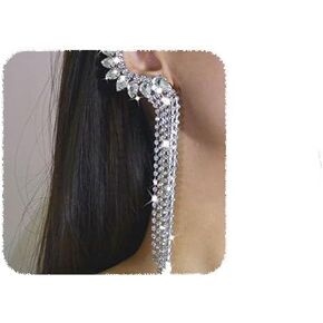 YERTTER Dainty Rhinestone Ear Cuffs Long Tassel Dangle Silver Sparkling Crystals Ear Climbers Statement Bling Earrings for Women