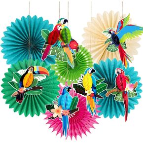 زخارف الحفلات الاستوائية Toucan الحفلات ، وموضوعات الغابة في هاواي ، مستلزمات الحفلات ، زخارف مارغريتافيل ، مروحة صفراء زخارف زخارف معلقة للحفلات لوا.