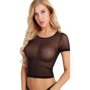 Women's Sexy Mesh Sheer See Through Clubwear Stretchy Slim Shirt Short Sleeve Blouse Crewneck Tops Lingeries Black, Onesize 2-8