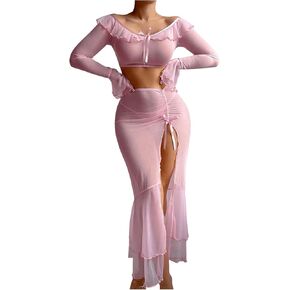 SOLY HUX Women's Mesh Sheer Sexy Lingerie Ruffle Long Sleeve Top Split Maxi Skirt with Thong 3 Piece Nightwear