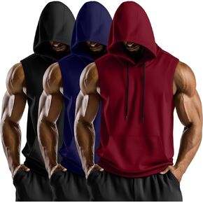 3 Pack Men's Hooded Tank Tops, Cotton Workout Sleeveless Gym Hoodie Muscle Bodybuilding Running Cut Off Shirts
