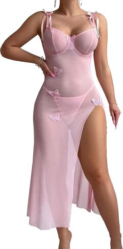 Sexy Mesh Sheer Butterfly High Split Bodycon Maxi Dress Lace Babydoll Party Clubwear Outfits in Saudi Arabia