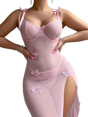 Sexy Mesh Sheer Butterfly High Split Bodycon Maxi Dress Lace Babydoll Party Clubwear Outfits in Saudi Arabia