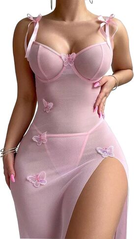 Sexy Mesh Sheer Butterfly High Split Bodycon Maxi Dress Lace Babydoll Party Clubwear Outfits in Saudi Arabia