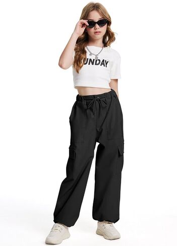 Girls Cargo Parachute Pants Y2K Kids Pants with Pockets Trendy Jogger Trousers 5-14 Years in Saudi Arabia