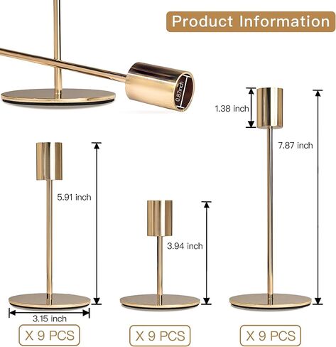 Gold Candlestick Holders - Bulk Decorative Metal Candelabra for Taper Candles - Fit 0.8 Inch Diameter - Gold Taper Candle Stands for Wedding Home Party Table Decor (Set of 18) in Saudi Arabia