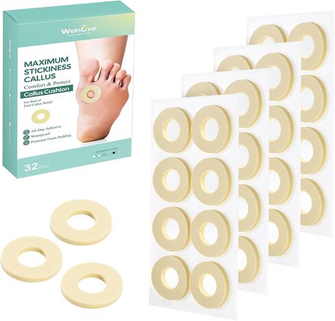 Welnove Corn Cushions for Toes - 32 Count Callus Cushions with Water-Resistant Self-Stick Adhesive, Provide Cushioning and Reduce Pain from Corns Rubbing, Protects Foot and Toes（Beige, 32 Count） in Kuwait