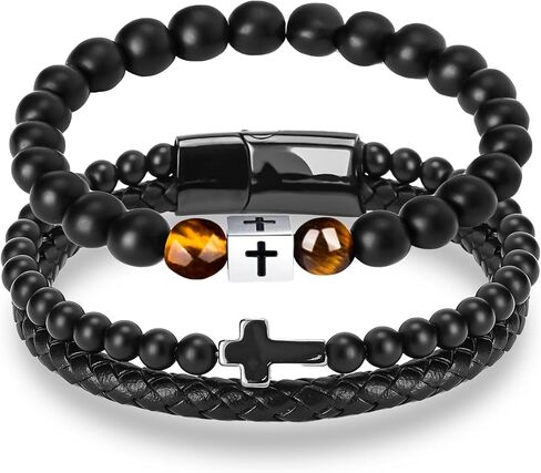 2Pcs Cross Bracelet for Men, Double-Row Black Braided Leather Beaded Bracelets + Cross Charm Tiger Eyes Bracelets Mens Jewelry Gift for Father's Day Baptism Birthday Christmas Christian Easter in Saudi Arabia