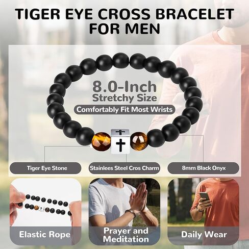 2Pcs Cross Bracelet for Men, Double-Row Black Braided Leather Beaded Bracelets + Cross Charm Tiger Eyes Bracelets Mens Jewelry Gift for Father's Day Baptism Birthday Christmas Christian Easter in Saudi Arabia