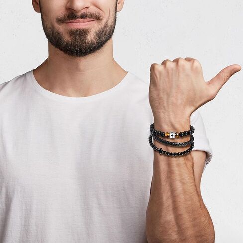 2Pcs Cross Bracelet for Men, Double-Row Black Braided Leather Beaded Bracelets + Cross Charm Tiger Eyes Bracelets Mens Jewelry Gift for Father's Day Baptism Birthday Christmas Christian Easter in Saudi Arabia