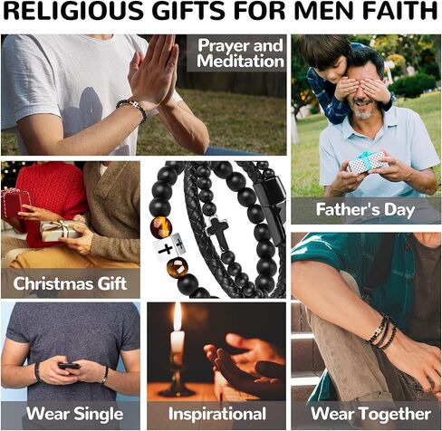 2Pcs Cross Bracelet for Men, Double-Row Black Braided Leather Beaded Bracelets + Cross Charm Tiger Eyes Bracelets Mens Jewelry Gift for Father's Day Baptism Birthday Christmas Christian Easter in Saudi Arabia