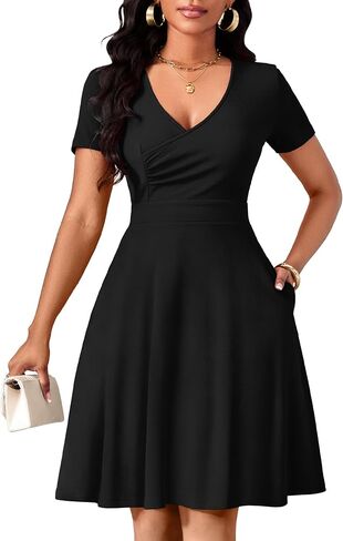 Women Summer Short Sleeve Dress V Neck Semi Casual Fit and Flare Church Wedding Guest Work Dresses with Pockets in Saudi Arabia