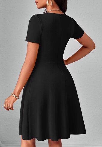 Women Summer Short Sleeve Dress V Neck Semi Casual Fit and Flare Church Wedding Guest Work Dresses with Pockets in Saudi Arabia