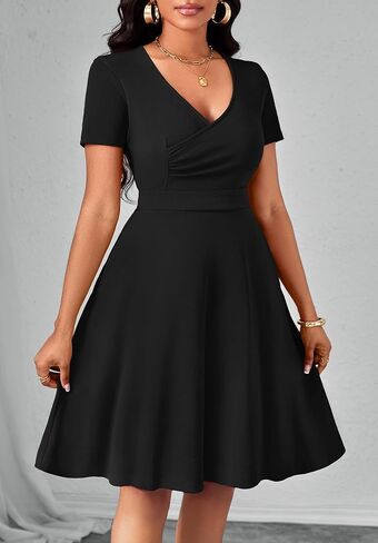 Women Summer Short Sleeve Dress V Neck Semi Casual Fit and Flare Church Wedding Guest Work Dresses with Pockets in Saudi Arabia