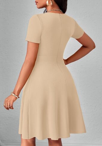Women Summer Short Sleeve Dress V Neck Semi Casual Fit and Flare Church Wedding Guest Work Dresses with Pockets in Saudi Arabia