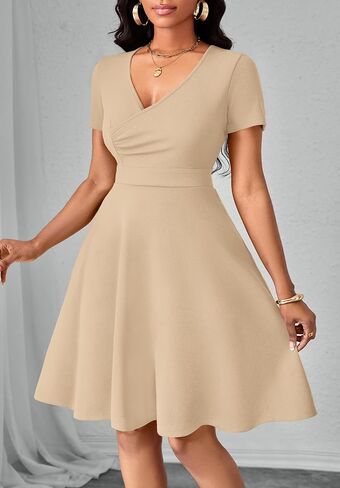 Women Summer Short Sleeve Dress V Neck Semi Casual Fit and Flare Church Wedding Guest Work Dresses with Pockets in Saudi Arabia