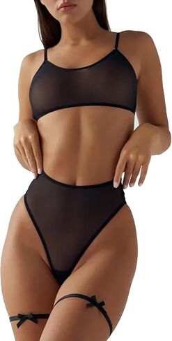 Women's Mesh Solid Sheer See Through Lingerie Set Sexy Lace Bra and Panty Sets Push Up Thin Bra Thong 2 Piece+Garters in Saudi Arabia