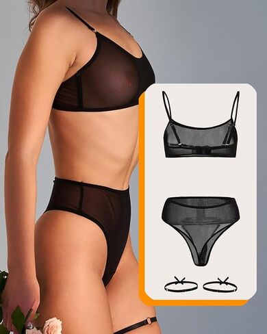 Women's Mesh Solid Sheer See Through Lingerie Set Sexy Lace Bra and Panty Sets Push Up Thin Bra Thong 2 Piece+Garters in Saudi Arabia