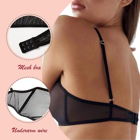 Women's Mesh Solid Sheer See Through Lingerie Set Sexy Lace Bra and Panty Sets Push Up Thin Bra Thong 2 Piece+Garters in Saudi Arabia