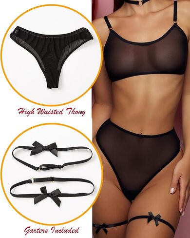 Women's Mesh Solid Sheer See Through Lingerie Set Sexy Lace Bra and Panty Sets Push Up Thin Bra Thong 2 Piece+Garters in Saudi Arabia