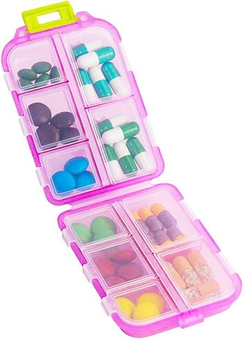 Travel Pill Organizer, Moisture Proof Daily Medicine Dispenser Box, Small Weekly Vitamin Case for Supplement, Fish Oil, Meds, Pocket Pharmacy Cute Capsule Container 10 Compartments, Pink in Kuwait