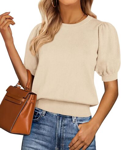 PRETTYGARDEN Womens Tops Spring 2025 Summer Puff Short Sleeve Sweater Crewneck Knit Work Blouses Dressy Casual Trendy Shirts in Kuwait