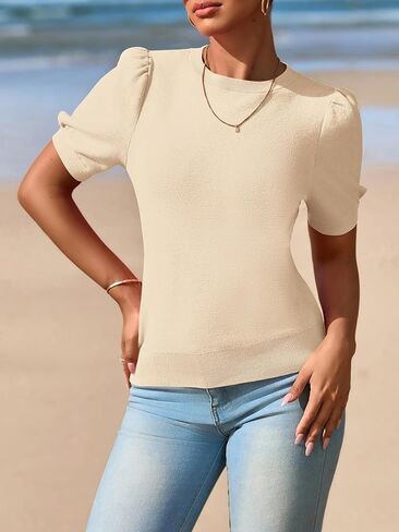 PRETTYGARDEN Womens Tops Spring 2025 Summer Puff Short Sleeve Sweater Crewneck Knit Work Blouses Dressy Casual Trendy Shirts in Kuwait