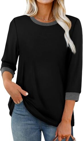 XIEERDUO Womens T Shirts 3/4 Length Sleeve Womens Tops Dressy Casual Crew Neck Color Block Tunic Tops in Saudi Arabia