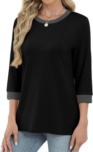 XIEERDUO Womens T Shirts 3/4 Length Sleeve Womens Tops Dressy Casual Crew Neck Color Block Tunic Tops in Saudi Arabia