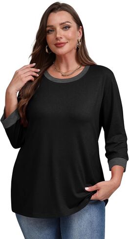 XIEERDUO Womens T Shirts 3/4 Length Sleeve Womens Tops Dressy Casual Crew Neck Color Block Tunic Tops in Saudi Arabia