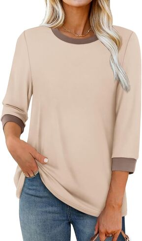 XIEERDUO Womens T Shirts 3/4 Length Sleeve Womens Tops Dressy Casual Crew Neck Color Block Tunic Tops in Saudi Arabia