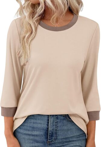 XIEERDUO Womens T Shirts 3/4 Length Sleeve Womens Tops Dressy Casual Crew Neck Color Block Tunic Tops in Saudi Arabia