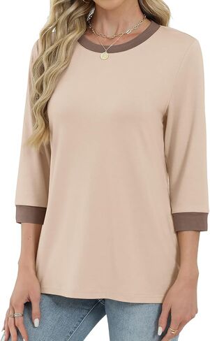 XIEERDUO Womens T Shirts 3/4 Length Sleeve Womens Tops Dressy Casual Crew Neck Color Block Tunic Tops in Saudi Arabia