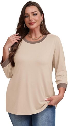 XIEERDUO Womens T Shirts 3/4 Length Sleeve Womens Tops Dressy Casual Crew Neck Color Block Tunic Tops in Saudi Arabia