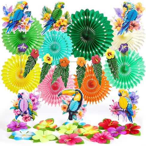 Tropical Toucan Hibiscus Party Decorations, Hawaiian Jungle Theme Party Supplies, Margaritaville Decorations Paper Fan Yellow Pink Hanging Ornaments for Luau Party Tiki Party. in Kuwait