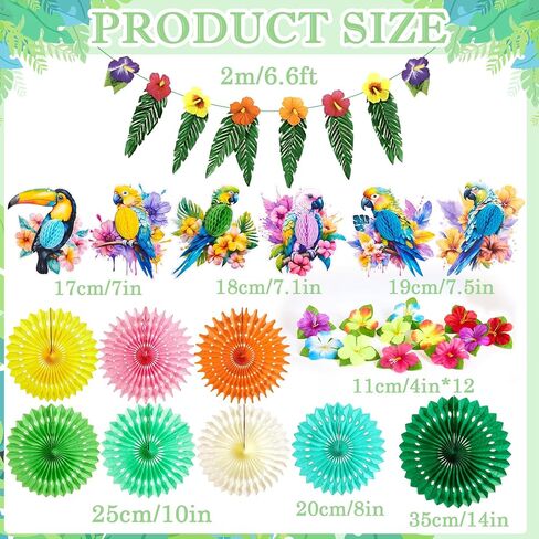 Tropical Toucan Hibiscus Party Decorations, Hawaiian Jungle Theme Party Supplies, Margaritaville Decorations Paper Fan Yellow Pink Hanging Ornaments for Luau Party Tiki Party. in Kuwait