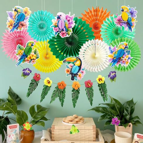 Tropical Toucan Hibiscus Party Decorations, Hawaiian Jungle Theme Party Supplies, Margaritaville Decorations Paper Fan Yellow Pink Hanging Ornaments for Luau Party Tiki Party. in Kuwait