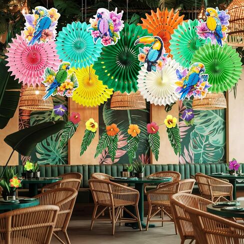 Tropical Toucan Hibiscus Party Decorations, Hawaiian Jungle Theme Party Supplies, Margaritaville Decorations Paper Fan Yellow Pink Hanging Ornaments for Luau Party Tiki Party. in Kuwait